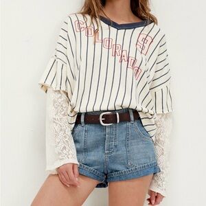 NWOT We The Free Navy and White Striped Lace Long Sleeve Top Size S